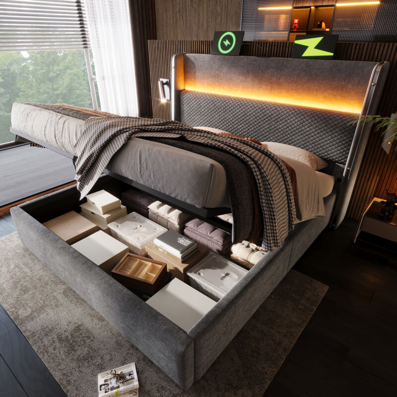 Polsterbett 160x200 cm mit hydraulischer Steuerung und Bettkasten,Polsterbett mit LED-Beleuchtung und USB-C Ports,Stauraumbett mit hohem