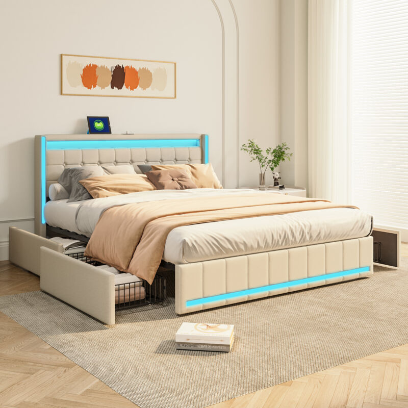 Polsterbett 180x200, Doppelbett Polsterbett mit LED und USB, Bett mit Stauraum 4 Schubladen, Polsterbett mit Lattenrost und Metallrahmen, Doppelbett