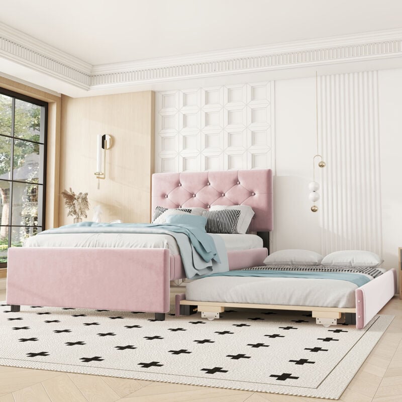 Polsterbett, 90x200cm, Bett mit Lattenrost (ohne Matratze), Bett mit Rollcontainer, Samt, minimalistisch, rosa