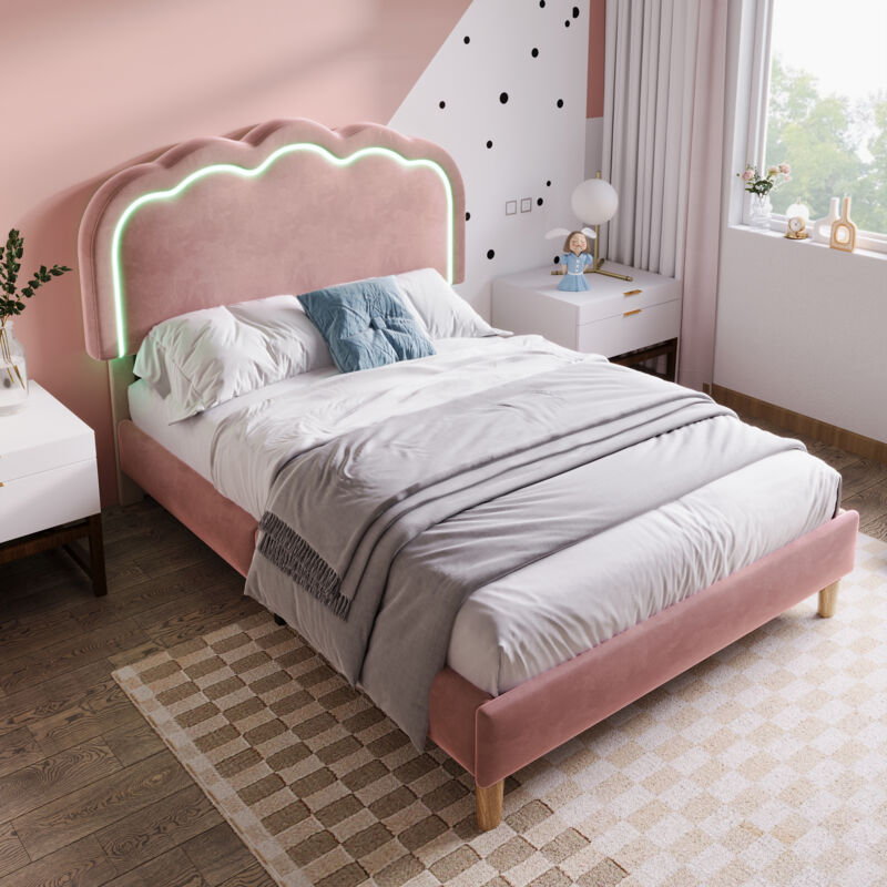 Led Polsterbett Einzelbett 90 x 200 cm, Bettgestell mit Lattenrost und verstellbarem Kopfteil, rosa Polsterbett, Bettgestell Jugendbett für