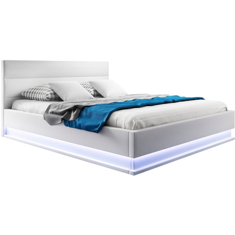 Polsterbett mit Bettkasten Bettgestell Bett Doppelbett mit led Beleuchtung Bettkasten Bett Holzstruktur mit Kunstlederbezug Weiss Matt Modell Nitas