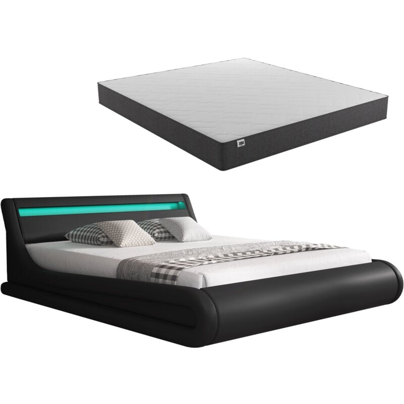 Polsterbett mit Bettkasten mit Matratze Bettgestell Bett Doppelbett mit LED Beleuchtung Bettkasten Bett Holzstruktur mit Kunstlederbezug Schwarz Matt