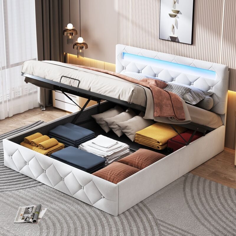 Polsterbett mit Stauraum 140x200cm, mit LED-Kopfteil, Lattenrost, hydraulischem Bett, Lattenrost, Metallgestell, Doppelbett im skandinavischen Stil,