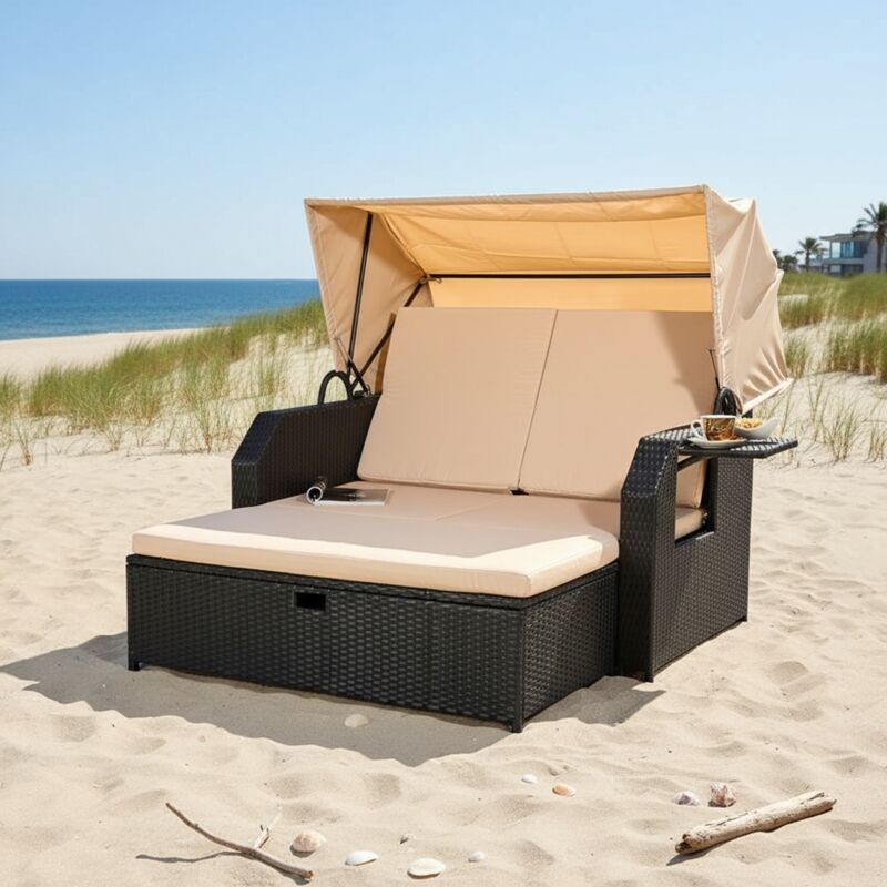 Mucola - Polyrattan Bett in schwarz inkl. Sonnendach Rattan Sofa Gartenliege Strandkorb