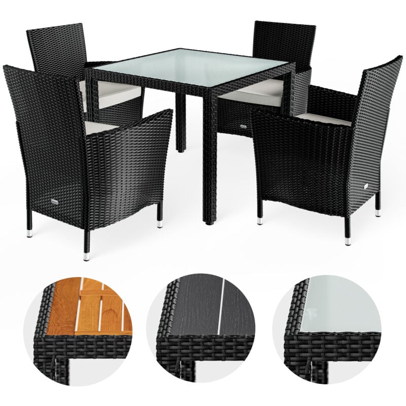 CASARIA® Gartenmöbel Set Balkon Wetterfest 4 Personen Polyrattan Outdoor 7cm Auflagen Stapelbar Gartenstühle Gartentisch Garten Terrasse Möbel Schwarz