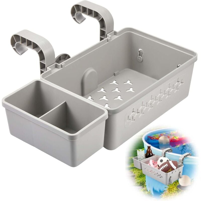 Pool-Aufbewahrungskorb-Set inklusive Kunststoff-Poolkorb, Pool-Getränkehalter, multifunktionales Pool-Zubehör für oberirdische Pool-Badewanne (grau)