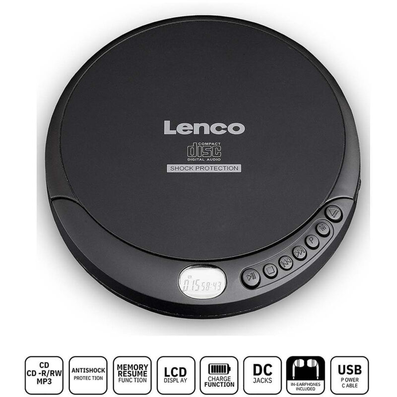 Lenco CD-200 CD-Player Tragbarer CD-Player Schwarz - CD-Laufwerk (MP3, Tragbarer CD-Player, Schwarz, Zufallswiedergabe, Alle wiederholen, Stoßfest,