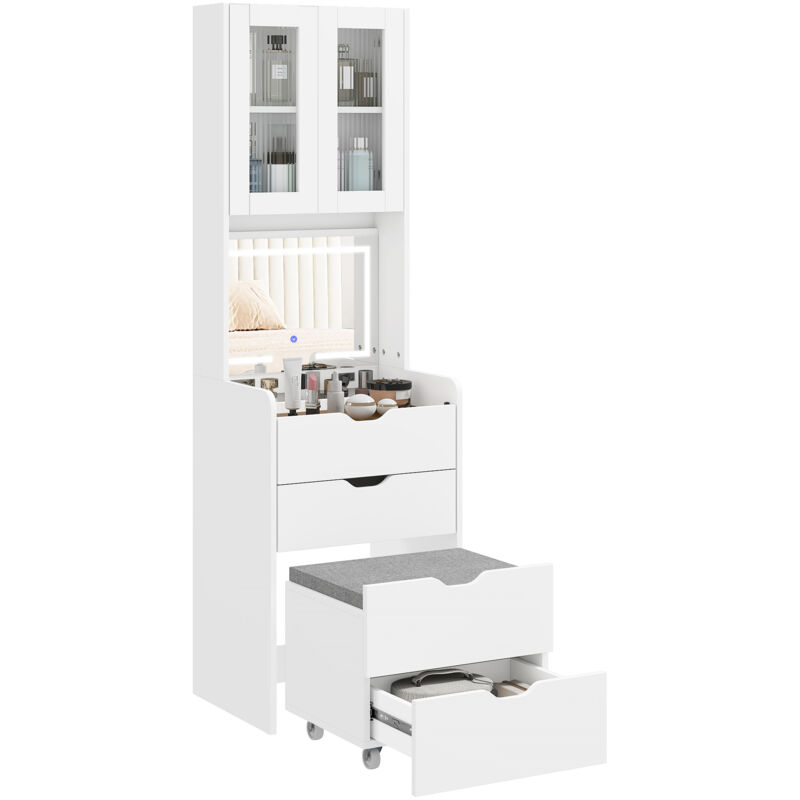 Schminktisch mit 3-farbiger LED-Beleuchtung, Klappspiegel, ausziehbarem Hocker, gepolstertem Hocker, 3 Schubladen, Fach, Schrank mit Glastüren,