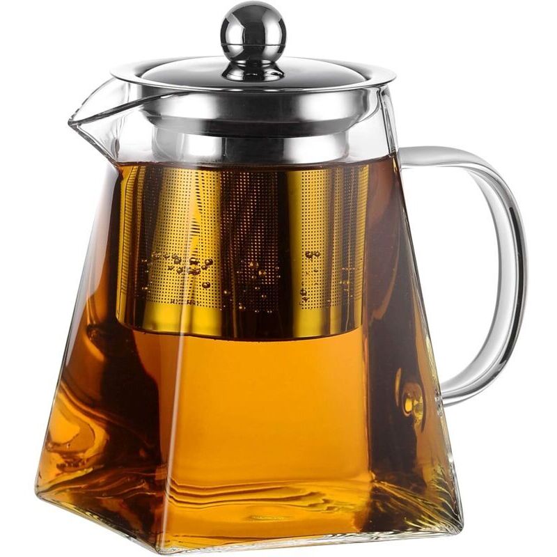 Pot en verre avec passoire en verre avec passoire à thé en acier inoxydable 18/10 Théière en verre avec couvercle - Passe au lave-vaisselle