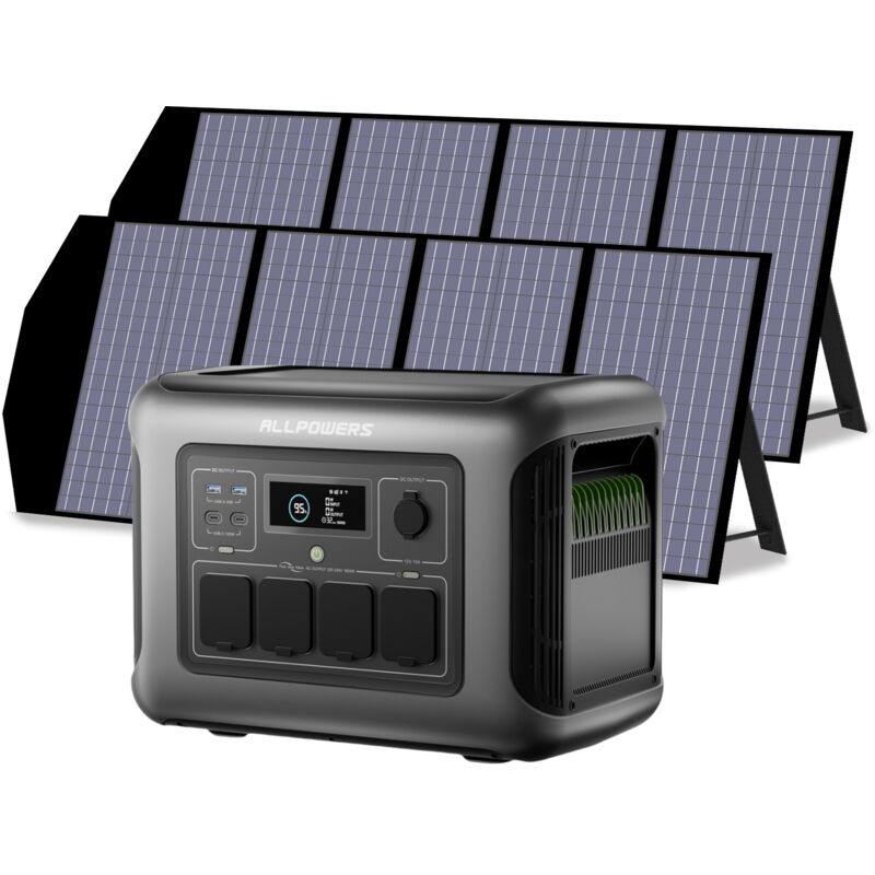 R1500 lite Tragbare Powerstation mit 2 x 140W Solarpanel, 1056Wh LiFePO4 Batterie mit 1600W ac Ausgang Solargenerator, 40 Mins Schnellladung