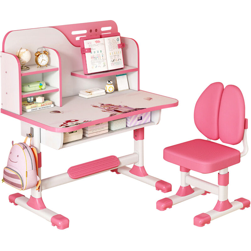 Kindertische,Schreibtischstuhl-Set für Kinder, höhenverstellbares ergonomischer Schreibtischstuhl mit großer Schreibtafel, Bücherregal und Schublade,