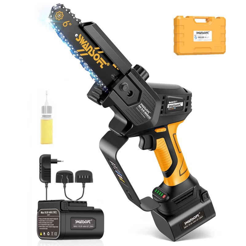 Professionelle 6-Zoll-Akku-Kettensäge mit automatischer Schmierung, Einhand-Elektro-Kettensäge mit 16,8 v 2x4 Ah Lithium-Batterien zum Schneiden von