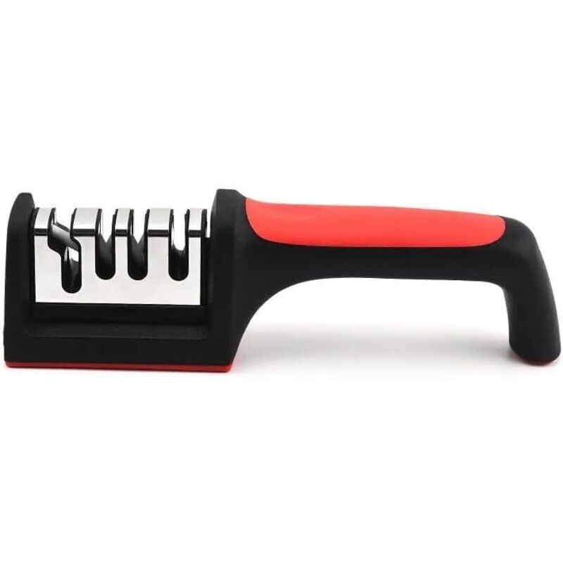 Professioneller 4-in-1 Messerschärfer aus Edelstahl für Küchenmesser – ergonomischer und einfach zu bedienender Schärfer mit 4 Schärfschlitzen (rot