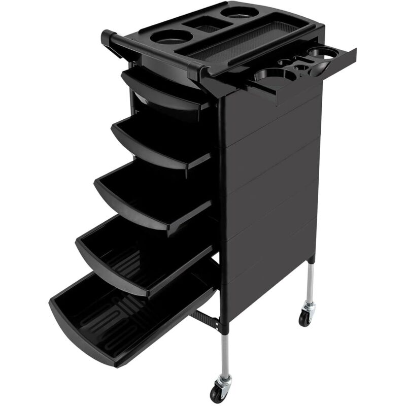 Professioneller Salonwagen, schwarzer Salonwagen mit Griff und Rollen, 5 Schubladen und 2 seitlichen Ablagen mit Halterung für Föhn, rollbarer