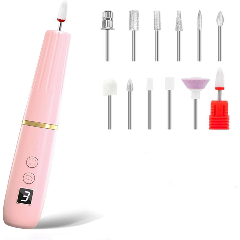 Professionelles, kabelloses, tragbares Nagelfräser-Set (12-in-1) für Maniküre und Pediküre, USB-aufladbar, 20.000 U/min, einstellbar, Pink