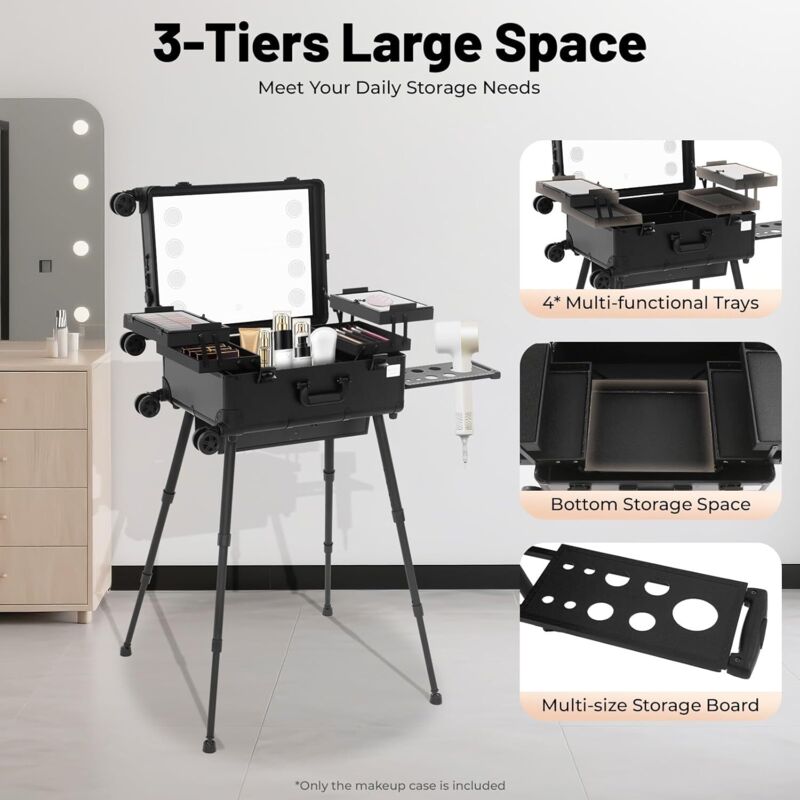 Profi Kosmetikkoffer Trolley mit 4 Rollen & Beleuchtung & Spiegel,Make up Organizer Koffer Schminkkoffer Koffer Multifunktional Beauty Case,3 Stufe