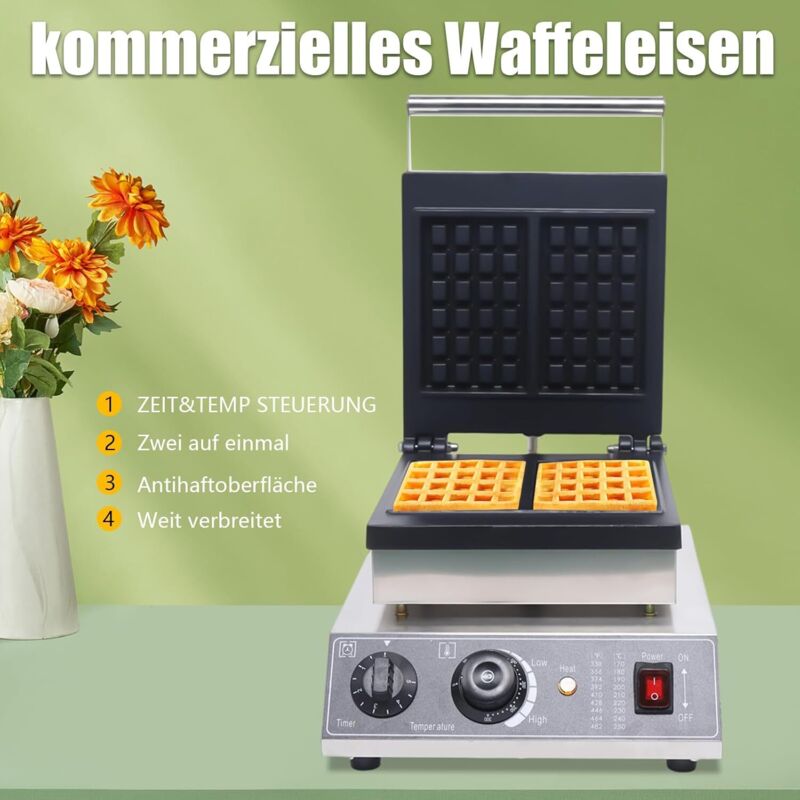Profi Waffeleisen mit antihaftbeschichteten Backplatten, Waffelautomat für belgische Herzen Waffeln mit Edelstahl Gehäuse, 50-300 °C stufenlos