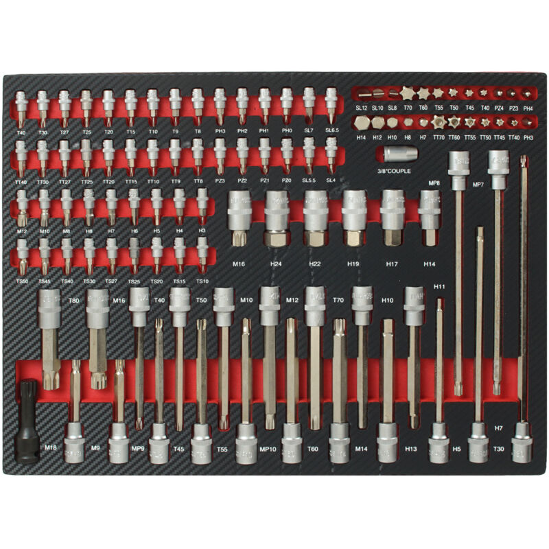Profi Werkzeugeinlage Werkstattwagen 102 tlg. Stecknuss & Bit Satz Mechaniker Set 51x40x4 cm in rot