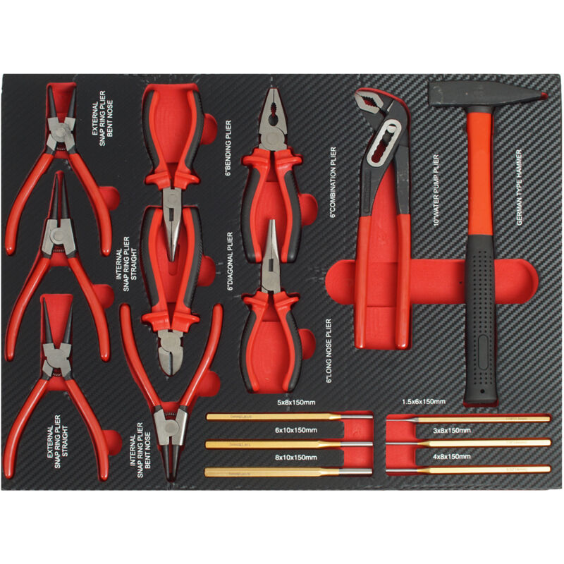 Profi Werkzeugeinlage Werkstattwagen 16 tlg. Hammer, Zangen, Durchschläger Mechaniker 51x40x4 cm rot
