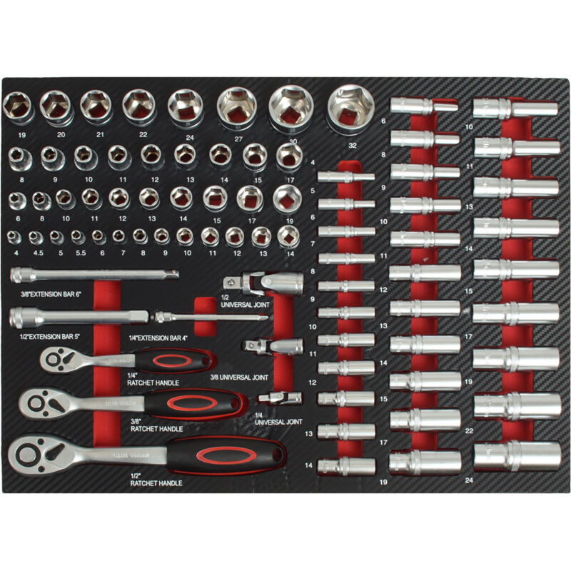 Profi Werkzeugeinlage Werkstattwagen 80 tlg. Steckschlüsselsatz Mechaniker Set 51x40x5 cm rot