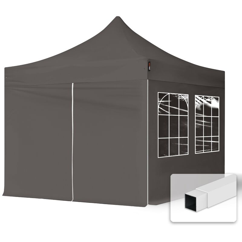 Carpasol - 3x3 m Faltpavillon, economy Stahl 30mm, Seitenteile mit Sprossenfenstern, dunkelgrau