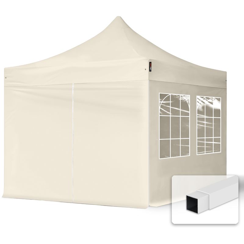 Carpasol - 3x3 m Faltpavillon, economy Stahl 30mm, Seitenteile mit Sprossenfenstern, creme