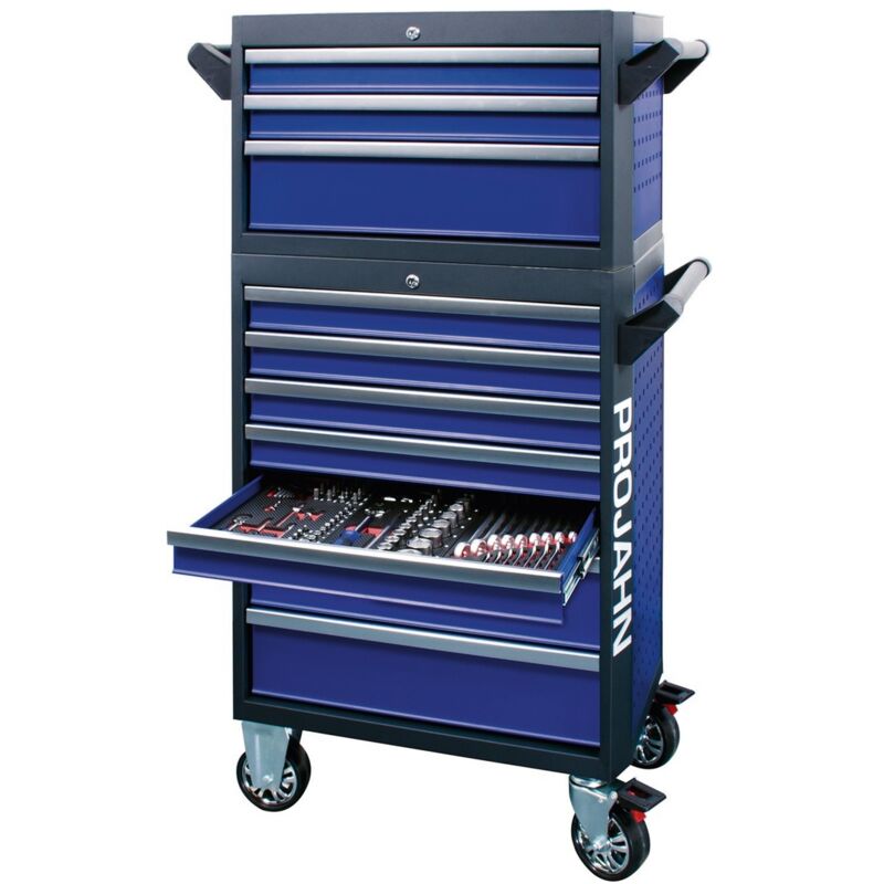 Bestückter Werkstattwagen galaxy + Werkstattwagenaufsatz galaxy + Dosenhalter + Papierrollenhalter + 379-tlg. Bestückung Blau/Anthrazit - Projahn