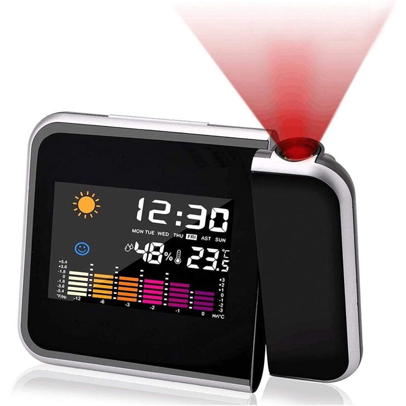 Projektionswecker, Farbbildschirmkalender, persönliche Schlafzimmer-Wetterstation, dimmbarer Projektor, Doppelalarm, LCD-Display, Datum, Uhrzeit,