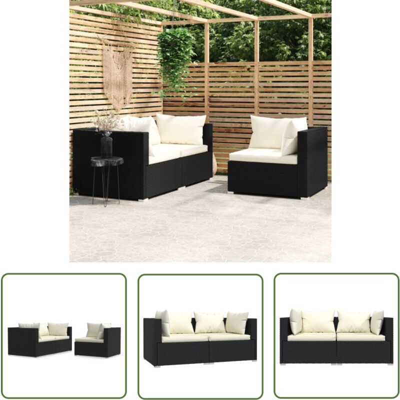 The Living Store 3-tlg. Garten-Lounge-Set mit Auflagen Schwarz Poly Rattan - Garten Lounge Set - Outdoor Möbel - Rattan Gartenmöbel - Eckbank Outdoor