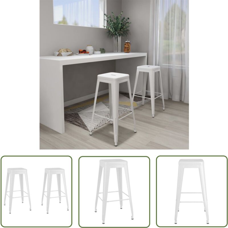 The Living Store Barhocker Stapelbar 2 Stk. Weiß Metall - Industrieller Barhocker - Metall Barhocker - Weißer Barhocker - Höhbarer Stuhl - Barhocker