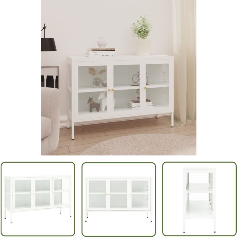 The Living Store Sideboard Weiß 105x35x70 cm Stahl und Glas - Schreibtisch - Sideboard - Wohnzimmermöbel - Weißes Sideboard - Metallregal