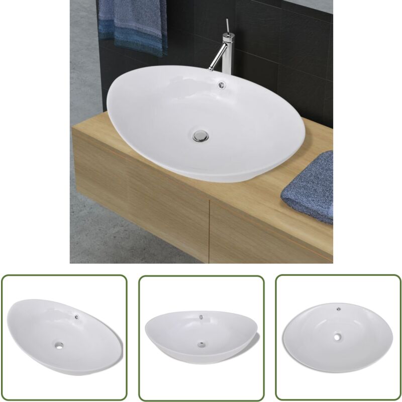 Prolenta Premium - Keramik Waschbecken Keramikspülen Überlauf Oval 59 x 38,5 cm - Keramik Waschbecken - Ovales Waschbecken - Waschbecken Weiß