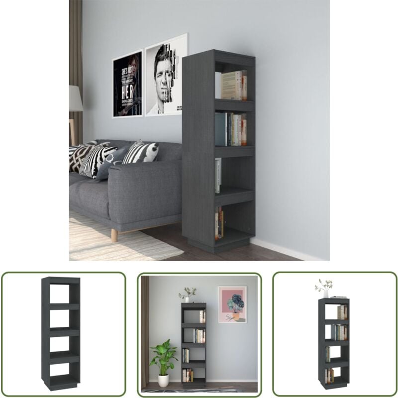 The Living Store Bücherregal/Raumteiler Grau 40x35x135 cm Massivholz Kiefer - BucheRegal - Holzmöbel - Massivholzmöbel - Raumteiler - Grau