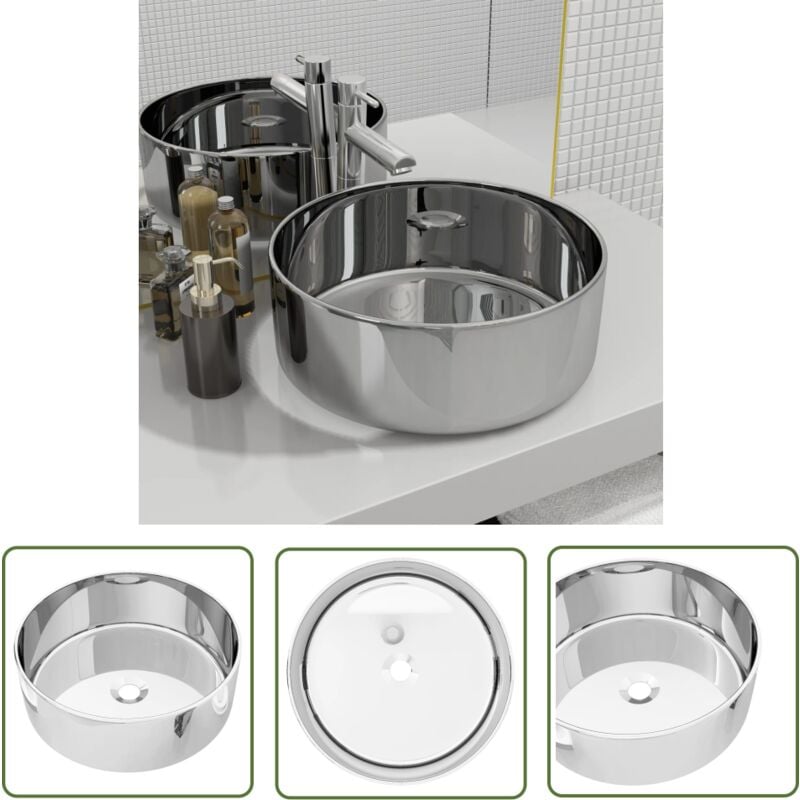 Les Tendances - The Living Store Waschbecken 40 x 15 cm Keramik Silbern - Rundes Waschbecken - Keramik Waschbecken - Silbernes Waschbecken