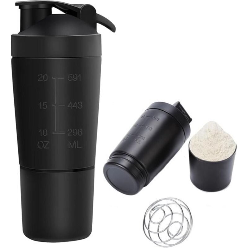 Protein-Shaker aus Edelstahl – Sport und Fitness 600 ml – BPA-frei – Mit Schüssel und 200-ml-Becher für Diät- und Sport-Protein-Shakes (Schwarz)
