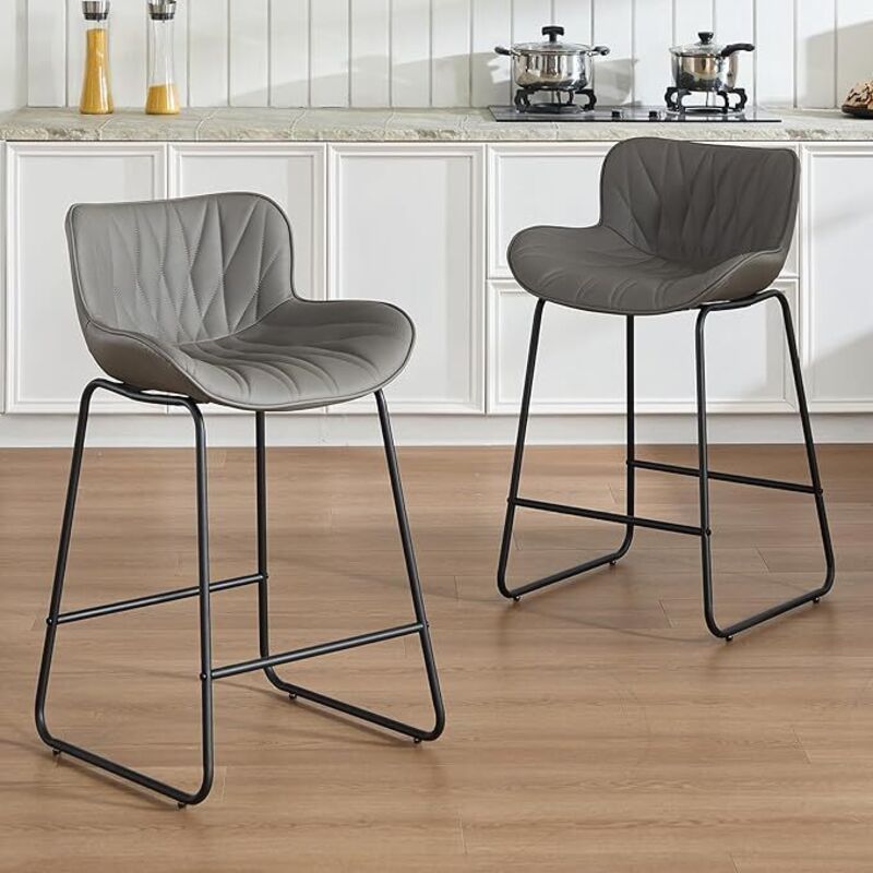 Wahson Barhocker 2er Set, PU-Leder Barstuhl mit Lehne Thekenhocker, Moderner Barhocker für Hausbar mit Fußstütze, Grau