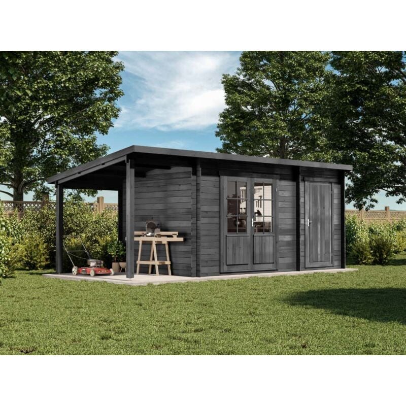 Pultdach Gartenhaus Maria mit Anbau & Schleppdach Gartenhaus aus Holz in Grau, Holzhaus mit 40 mm Wandstärke inklusive Schleppdach, Blockbohlenhaus