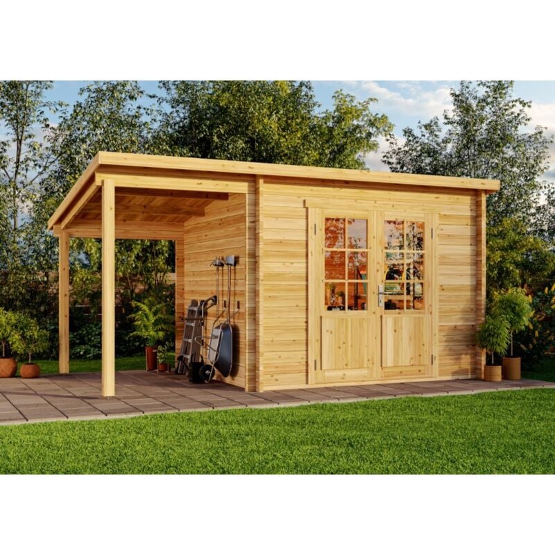 Pultdach Gartenhaus Maria mit Schleppdach Gartenhaus aus Holz, Holzhaus mit 28 mm Wandstärke inklusive Schleppdach, Blockbohlenhaus mit