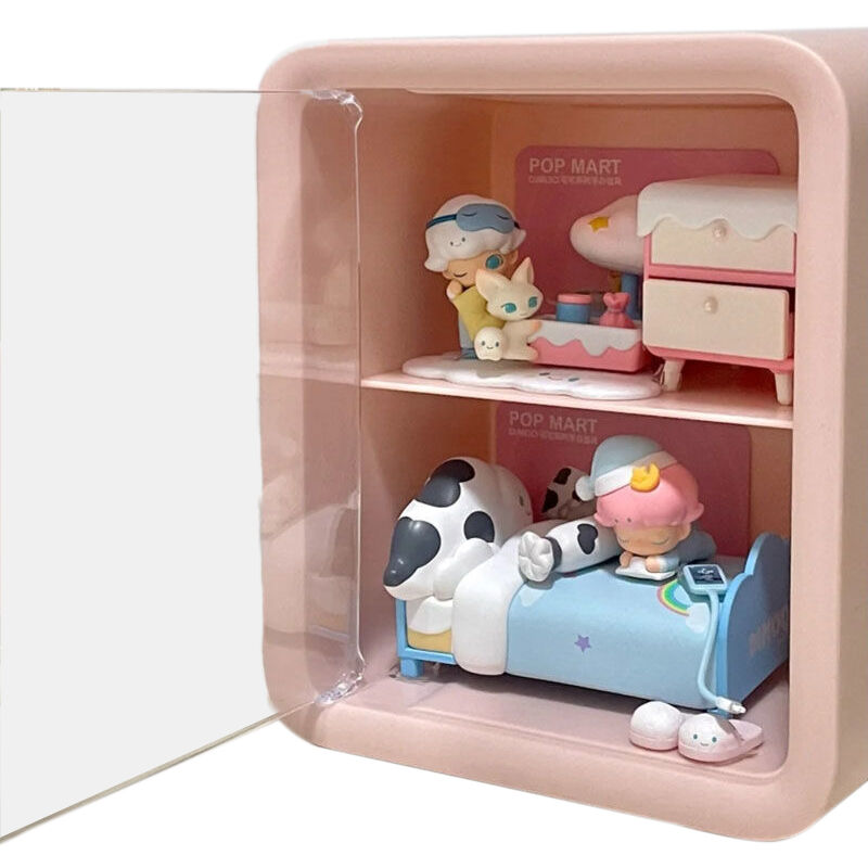 Puppenhaus-Vitrinenschrank, 2-stöckige transparente Vitrine, rosa Aufbewahrung für Miniatur-Schlafzimmer
