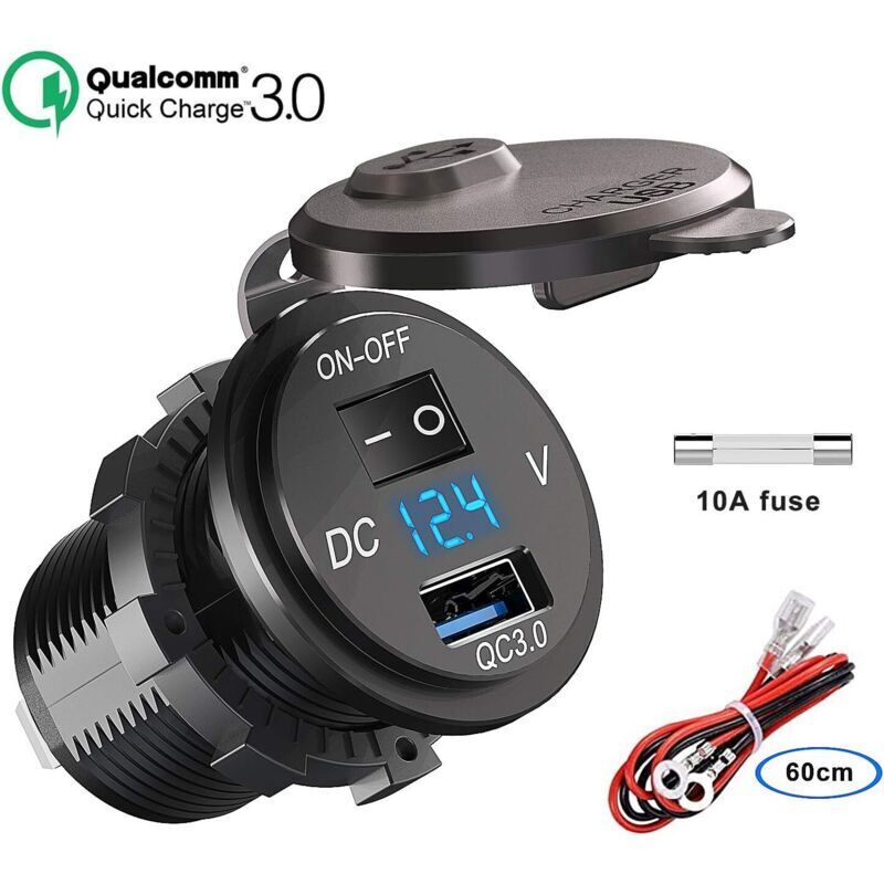QC 3.0 12V/24V USB-Kfz-Ladegerät, Schnelllade-3.0-Kfz-Ladegerät mit integriertem wasserdichtem Zigarettenanzünderadapter und LED-Voltmeter für