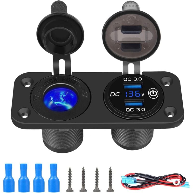 Aougo - QC3.0 USB-Autoladegerät, 12 V/24 v, Zigarettenanzünder-Buchse mit Touch-Schalter und USB-Ladebuchse, wasserdicht, schnell, für Auto, Boot