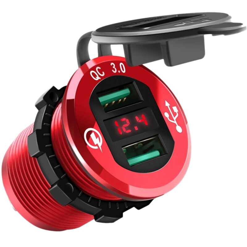 Tlily - Quick Charge 3.0 USB-Ladebuchse, 12 V/24 v Dual-Autosteckdose, wasserdichtes Feuerzeug mit LED-Voltmeter