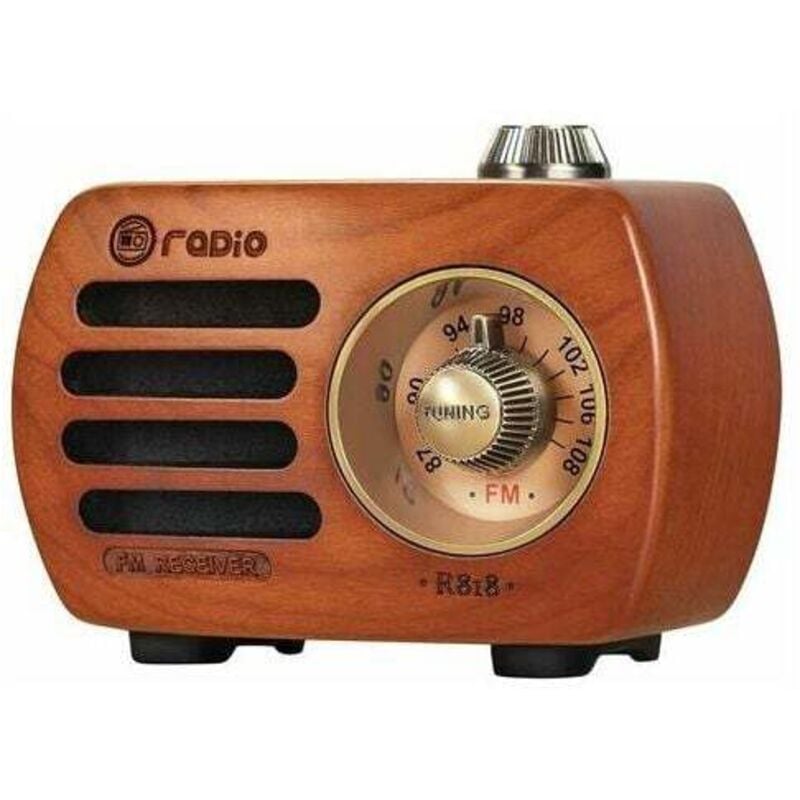 R-818 Wiederaufladbares tragbares Radio – Bluetooth 5.0, FM-Radio, AUX-Buchse – Vintage-Radio aus natürlichem Kirschholz mit HD-Sound und Bass