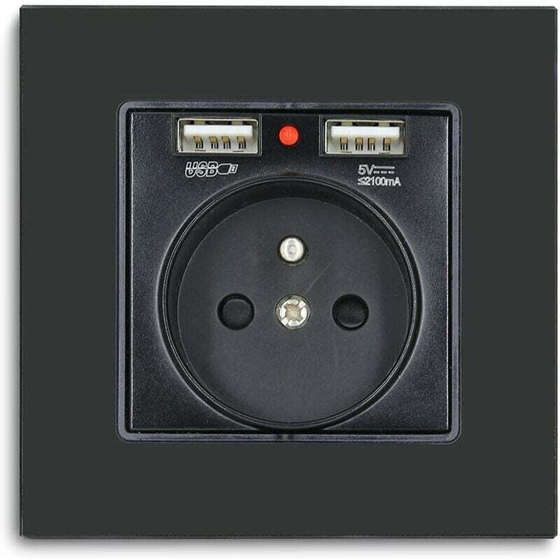 Wandsteckdose mit 2xUSB, 16A - Schwarzes Kristallglas-Panel, 250V Steckdose mit USB (max. 2,1A), Geeignet für Smartphones, Tablets, MP3 (1 Stk.)
