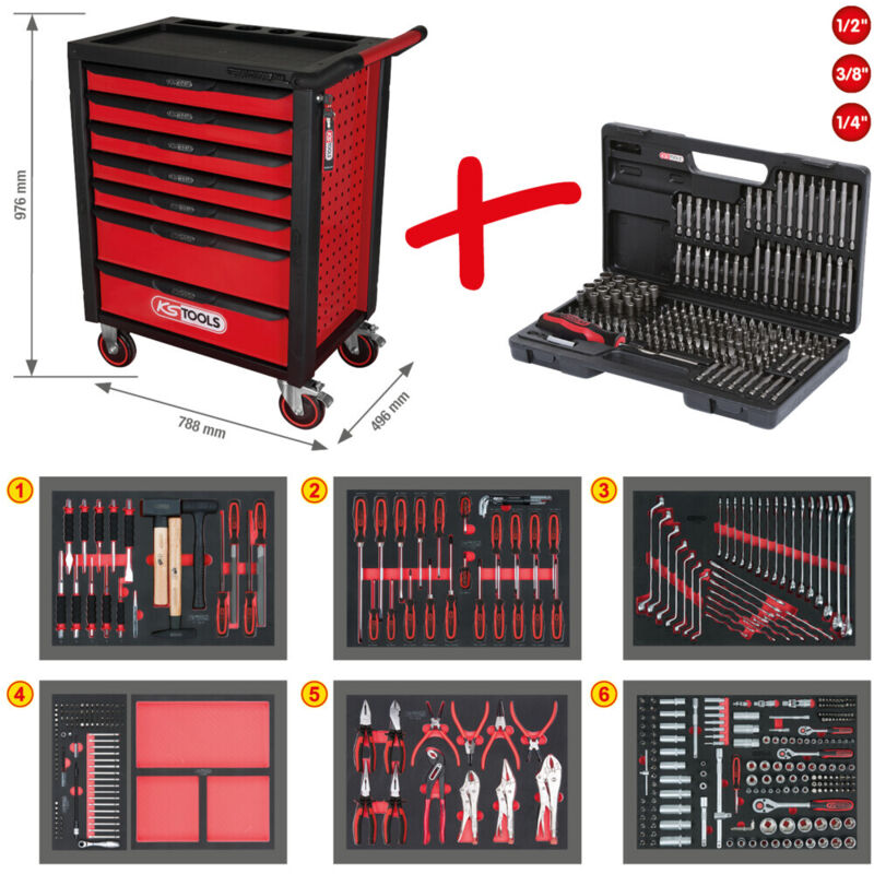 Ks Tools RACINGline schwarz/rot Werkstattwagen mit 7 Schubladen und 598 Premium-Werkzeugen
