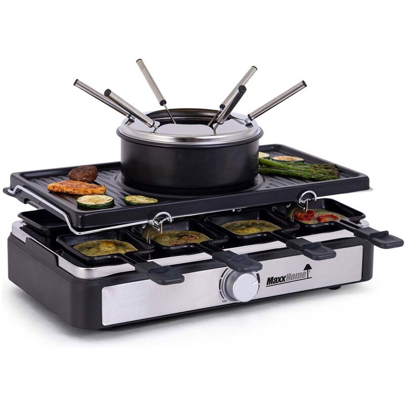 MaxxHome Raclette Grill mit Fondue 8 Personen - Abnehmbarer Grill mit Fondue gerät und Steinplatte - Tischgrill - Gourmet Set - Schwarz