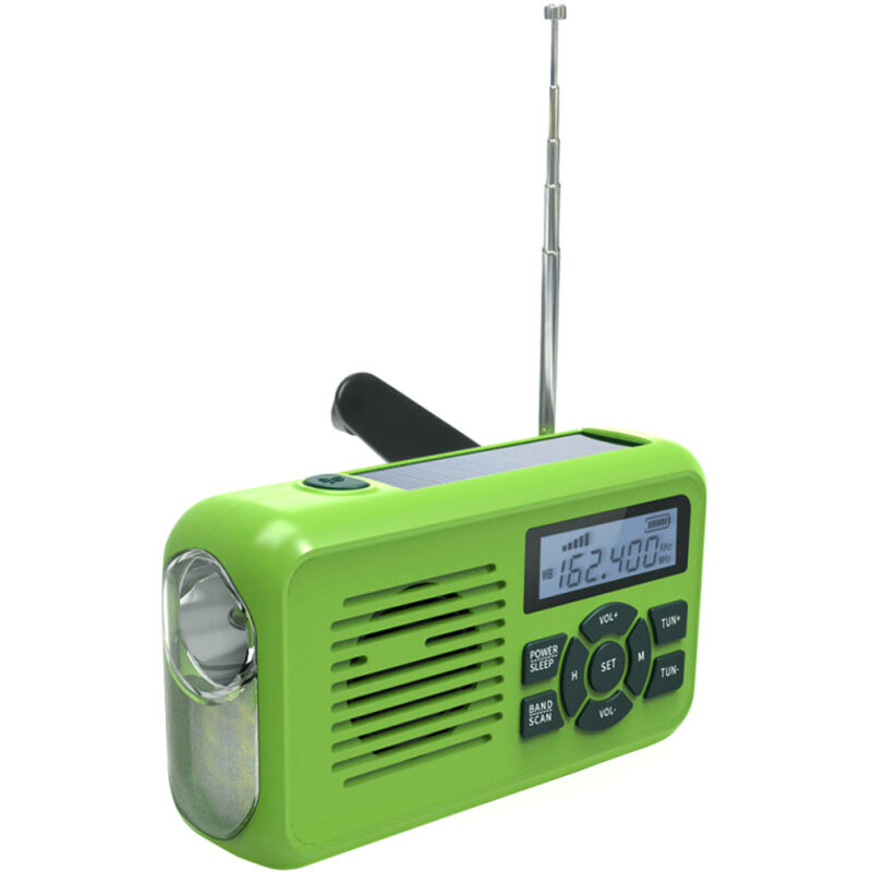 Radio digitale multifunzione FM/AM, radio meteo, torcia, caricabatterie, LED, sirena, luci lampeggianti, dinamo, sveglia, energia solare, timer,