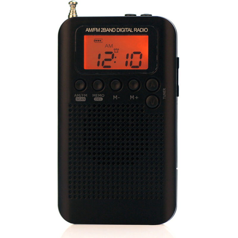 Radio stereo portatile HRD-104 AM/FM, mini ricevitore radio per esterni con cavo per cuffie e schermo LCD da 1,3 pollici.