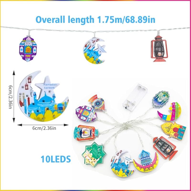 Ramadan-Lichterketten, 10 batteriebetriebene LED-Lichter in Mond- und Sternform, Ramadan-Dekorationen, bunte LED-Lichterketten als