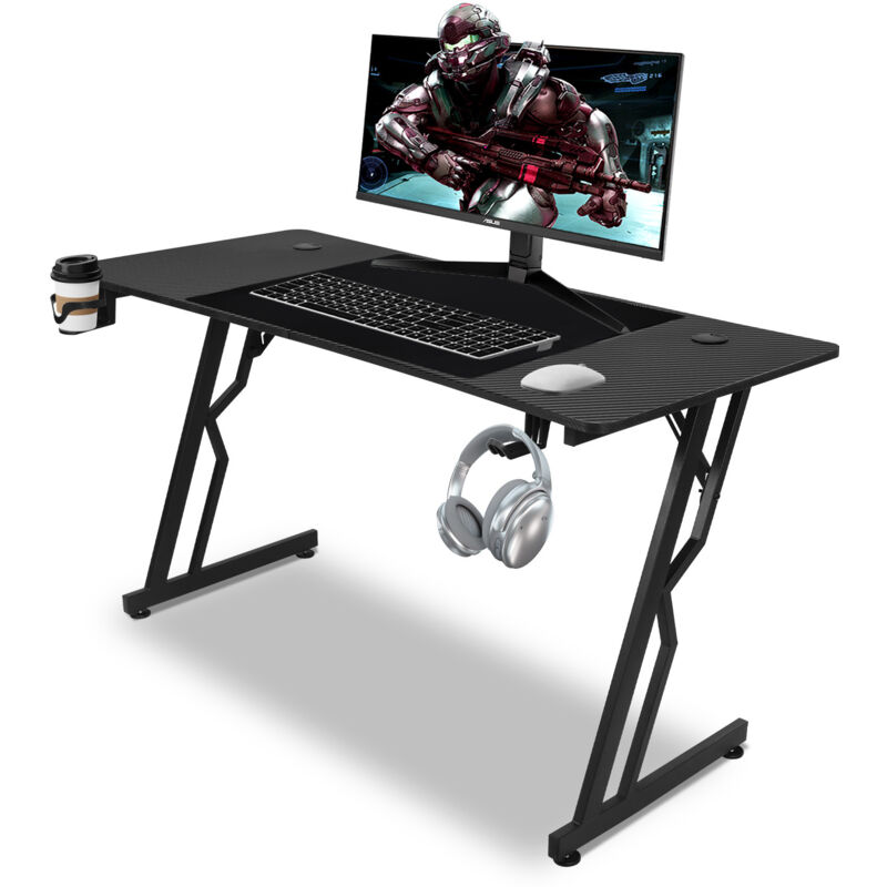 Randaco Gaming Tisch Gamingtisch Schwarz Schreibtisch Kohlefaserplatte Gamer Computertisch Ergonomischer PC Tisch 140x60cm